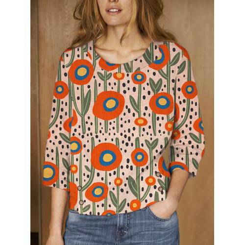 Polka Dot & Floral Art Print Linen Lapel Shirt