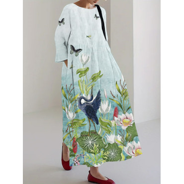 Pond Animals & Lotus Flower Print Linen Blend Maxi Dress