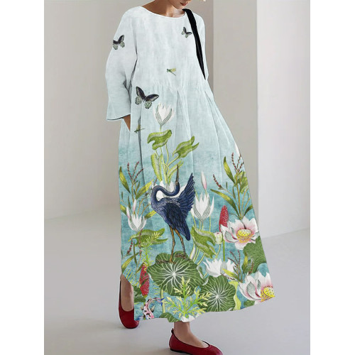 Pond Animals & Lotus Flower Print Linen Blend Maxi Dress
