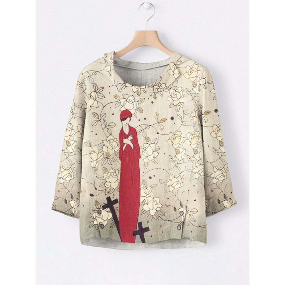 Praying Woman Floral Print Linen Lapel Shirt