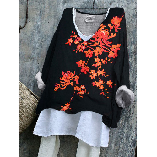 Red Chrysanthemum Print Linen Blend Tunic