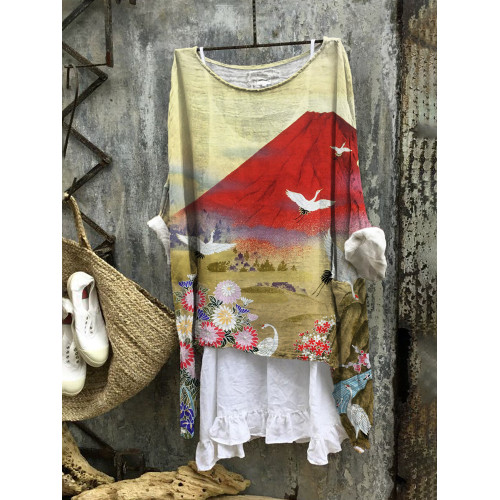 Red Mt. Fuji Japanese Art Linen Blend Tunic