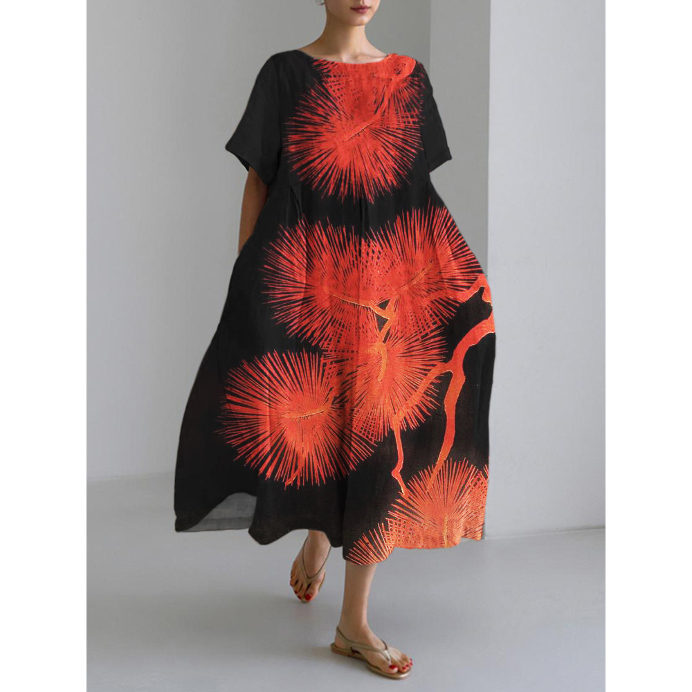 Red Pine Tree Japanese Print Linen Maxi Dress