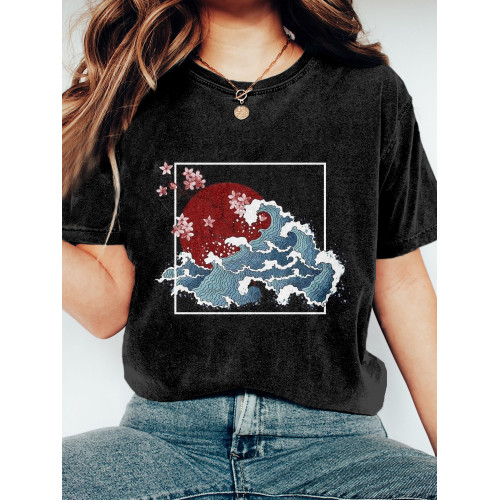 Red Sun over the Sea Japanese Art Washed T Shirt