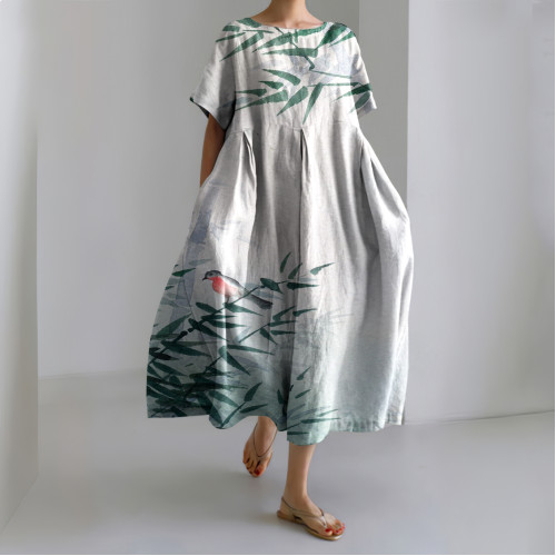 Retro Bamboo Birds Art Linen Blend Cozy Maxi Dress