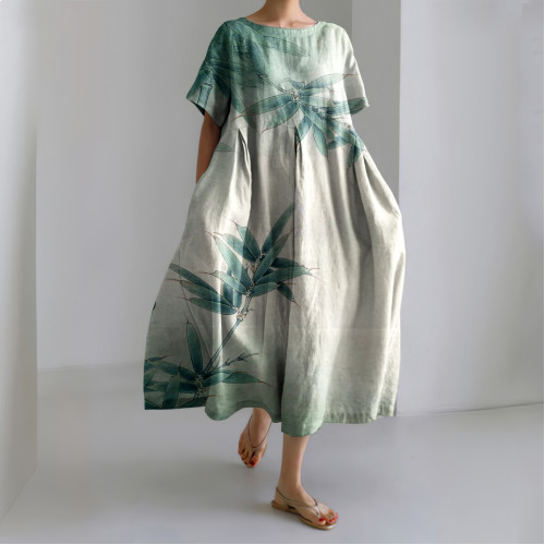 Retro Bamboo Ink Art Linen Blend Cozy Maxi Dress