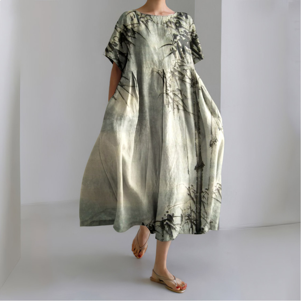 Retro Bamboo Shadow Art Linen Blend Cozy Maxi Dress