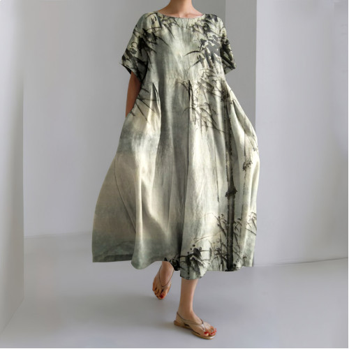 Retro Bamboo Shadow Art Linen Blend Cozy Maxi Dress