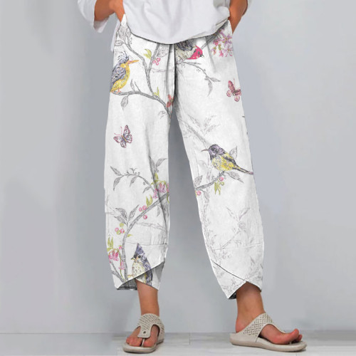Retro Bird In Tree Print Loose Casual Pants