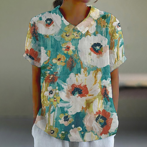 Retro Blossom Art Print Casual Cotton Linen Shirt