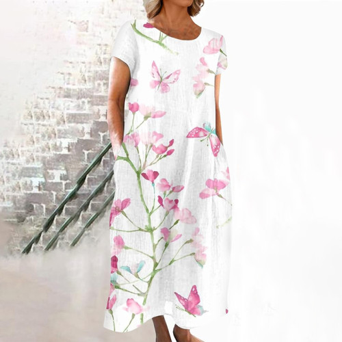 Retro Blossom Japanese Linen Flowy Midi Dress