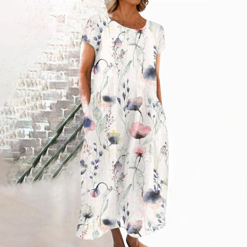 Retro Blossom Japanese Linen Flowy Midi Dress
