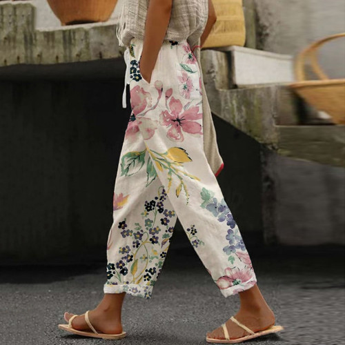 Retro Casual Floral Print Pocket Trousers