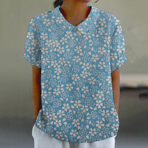 Retro Cherry Blossom Art Print Casual Cotton Linen Shirt
