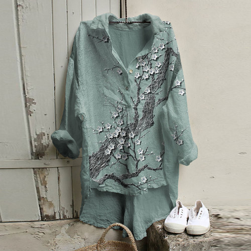 Retro Color Block Blossoms Japanese Painting Art Woven Tunic