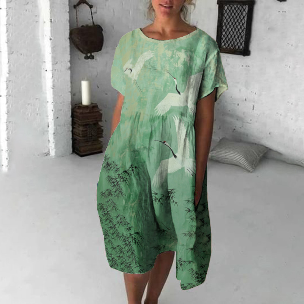 Retro Crane Bamboo Art Print Short Sleeve Midi Dress