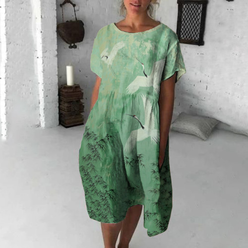 Retro Crane Bamboo Art Print Short Sleeve Midi Dress