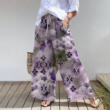 Retro Elegant Japanese Watercolor Art Print Cotton Linen Wide Leg Pants