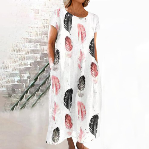 Retro Feather Japanese Linen Flowy Midi Dress