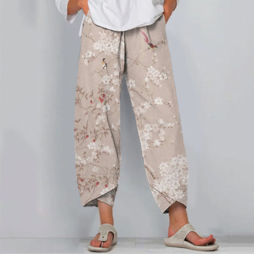 Retro Floral And Bird Print Loose Casual Pants