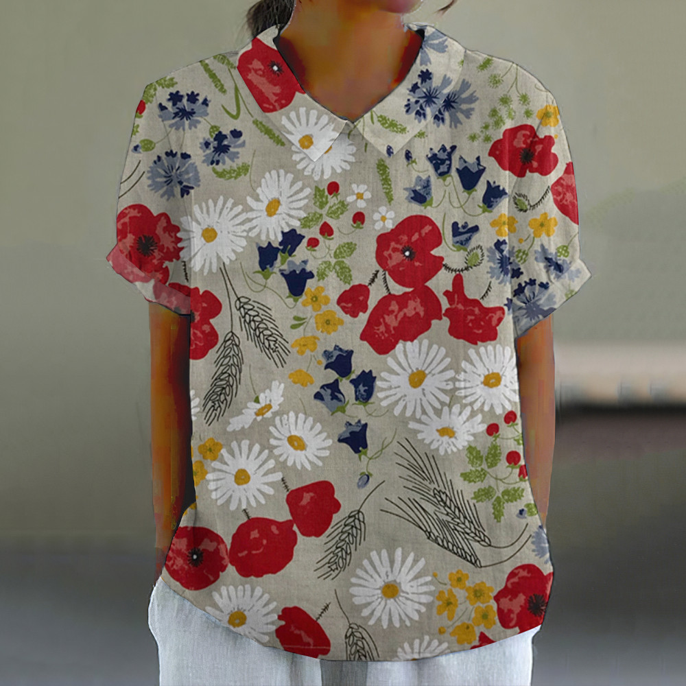Retro Floral Art Graphics Print Casual Cotton Linen Shirt
