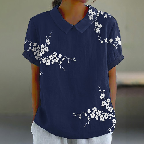 Retro Floral Art Print Casual Cotton Linen Shirt