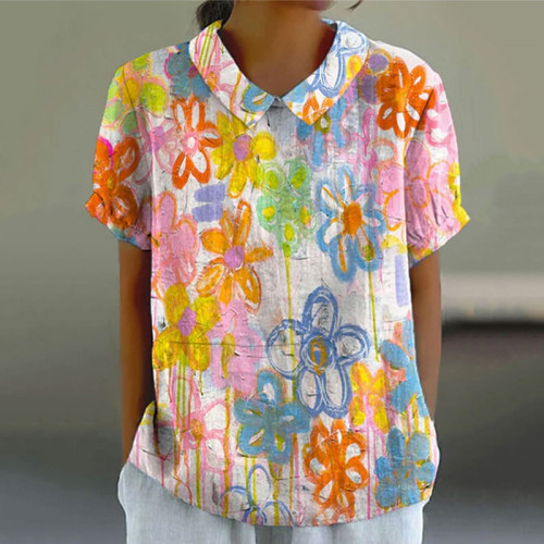 Retro Floral Color Graffiti Art Short Sleeve Lapel Shirt
