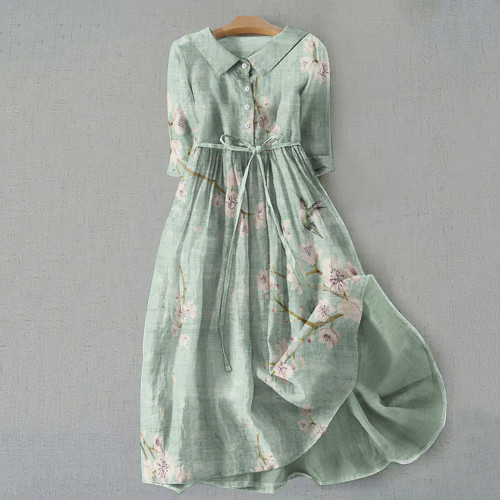 Retro Floral Graphics Print Lace-Up Dress