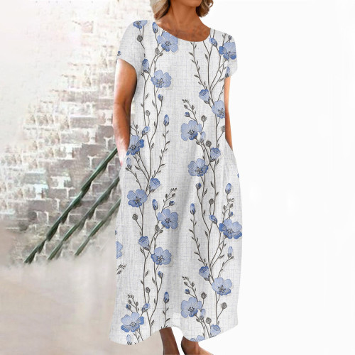Retro Floral Japanese Linen Flowy Midi Dress