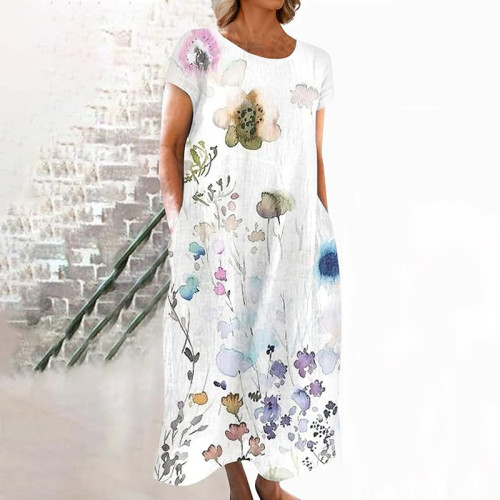 Retro Floral Japanese Linen Flowy Midi Dress