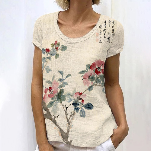 Retro Floral Print Round Neck Short Sleeved T-Shirt