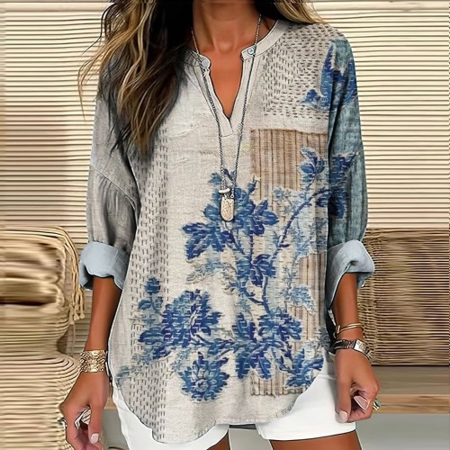 Retro Floral Sashiko Japanese Art Art Linen Blend Tunic