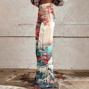 Retro Floral Sea Wave Japanese Art Print Casual Wide Leg Jeans