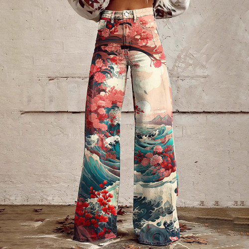 Retro Floral Sea Wave Japanese Art Print Casual Wide Leg Jeans