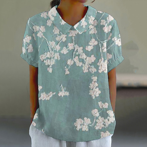 Retro Floral blossom Art Print Casual Cotton Linen Shirt