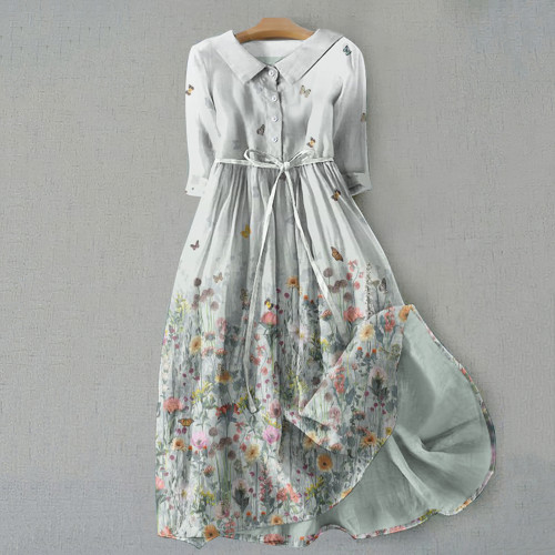 Retro Flowers And Butterflies Graphics Print Lace-Up Dress