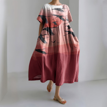 Retro Flying Bird Landscape Print Japanese Art Cozy Linen Blend Dress