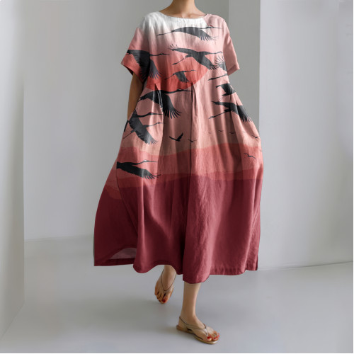 Retro Flying Bird Landscape Print Japanese Art Cozy Linen Blend Dress