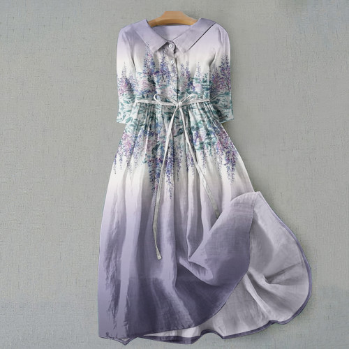 Retro Gradient Lavender Graphics Print Lace-Up Dress