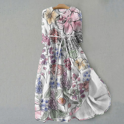 Retro Hand Drawn Flowers Art Graphics Print Lace-Up Dress