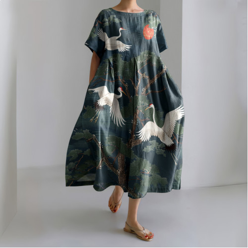 Retro Japanese Art Crane and Forest Print Linen Blend Dress