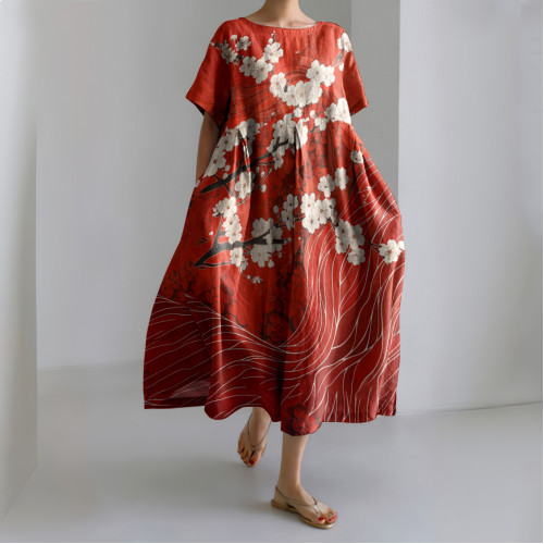 Retro Japanese Art Sakura Blossom Print Crew Neck Linen Blend Dress