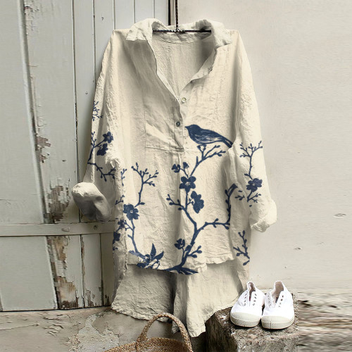 Retro Japanese Birds Blossom Art Woven Tunic