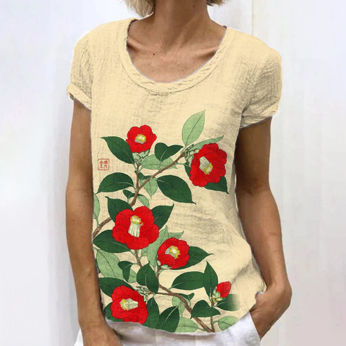 Retro Japanese Camellia Flower Art Print Casual T-Shirt
