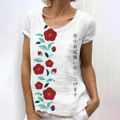 Retro Japanese Floral Graphic Print Casual T-Shirt