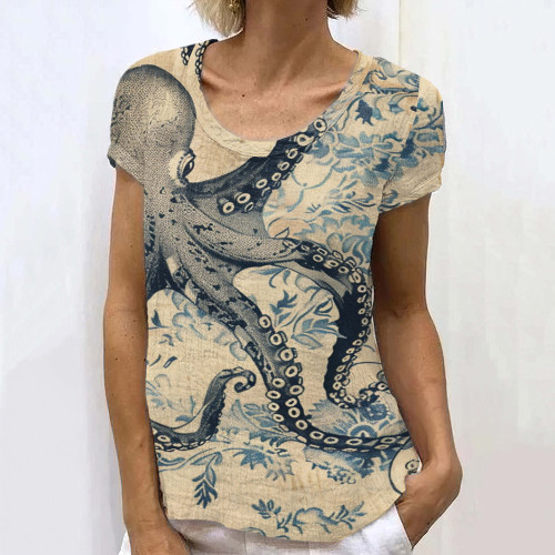 Retro Japanese Ink Floral Octopus Art Painting Linen Casual T-Shirt