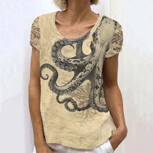 Retro Japanese Ink Octopus Art Painting Linen Casual T-Shirt