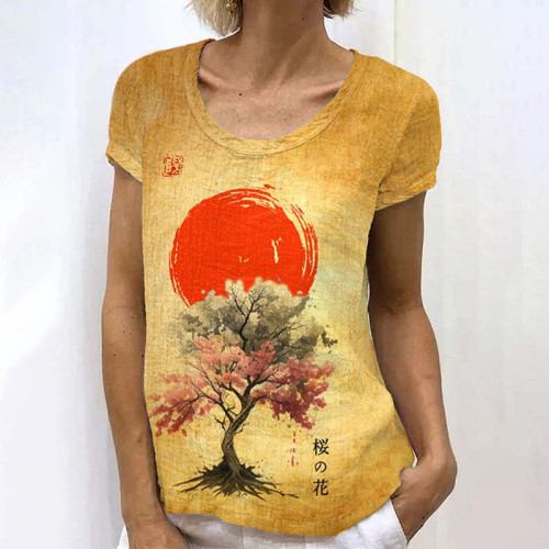 Retro Japanese Ink Painting Of Cherry Blossoms Sunrise Art Linen Casual T-Shirt