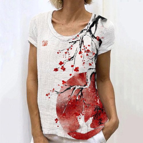 Retro Japanese Ink Painting Of Floral Sunrise Art Linen Casual T-Shirt