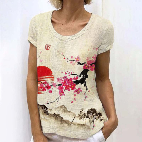 Retro Japanese Ink Painting Of Floral Sunrise Art Painting Linen Casual T-Shirt